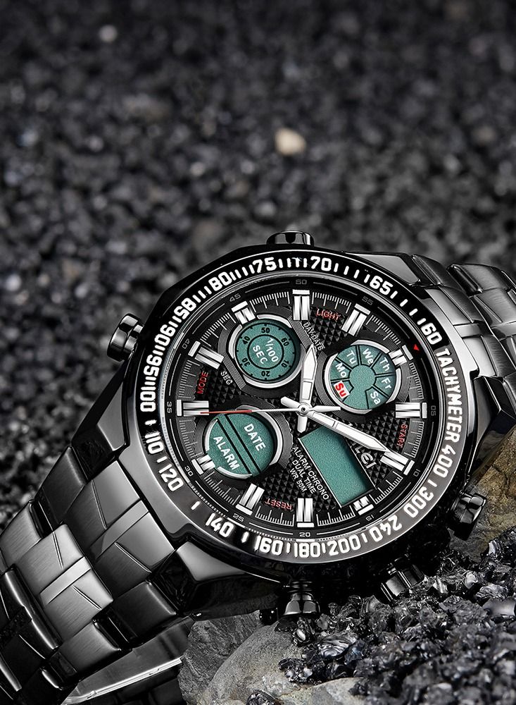 هالي ساعة هارلي للرجال كوارتز بتصميم رياضي بسيط 3 عقارب بتقويم 1001 متر - 45 ملم - أسود - Image 2