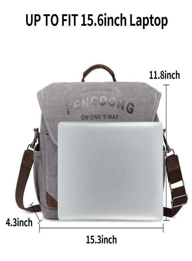 FENGDONG Mens Messenger Bag 15.6 Inch Vintage Waxed Canvas Genuine Leather Briefcase Leather Computer Laptop Bag Rugged Satchel Shoulder Bag Gray - Image 4