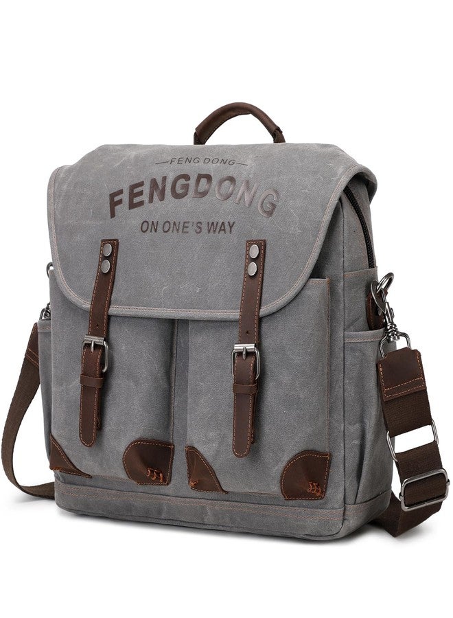 FENGDONG Mens Messenger Bag 15.6 Inch Vintage Waxed Canvas Genuine Leather Briefcase Leather Computer Laptop Bag Rugged Satchel Shoulder Bag Gray - Image 1