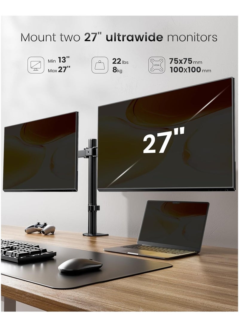 Dual Monitor Arm - Height Adjustable Dual Monitor Arm for 13-27" Computer Screens UP to 8KGs, Ergonomic Heavy Duty Dual VESA Monitor Mount 75mm/100mm, Designed for Home, Office  - Image 3