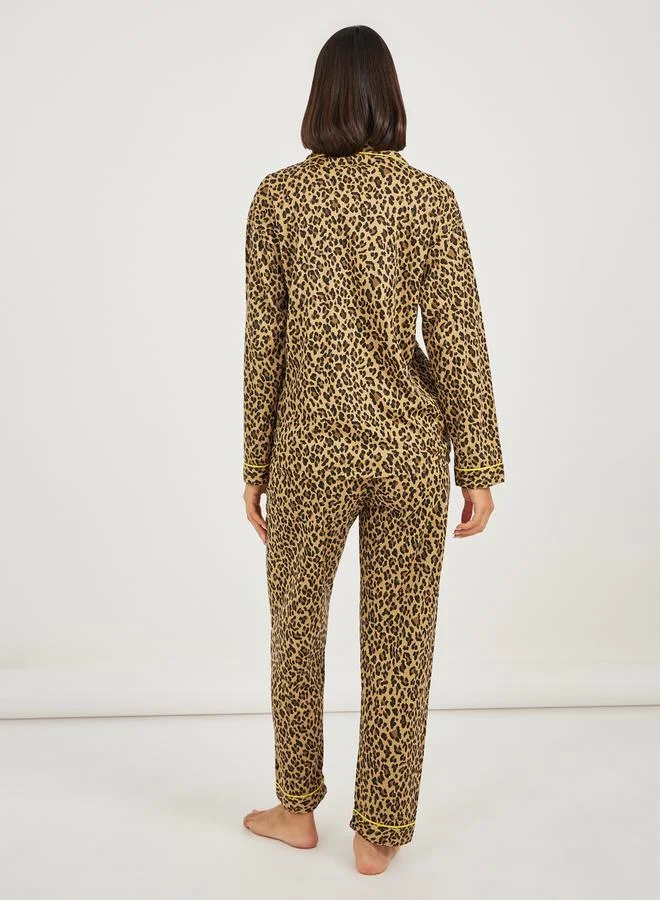 Styli All Over Leopard Print Button Through Shirt and Pyjama Set