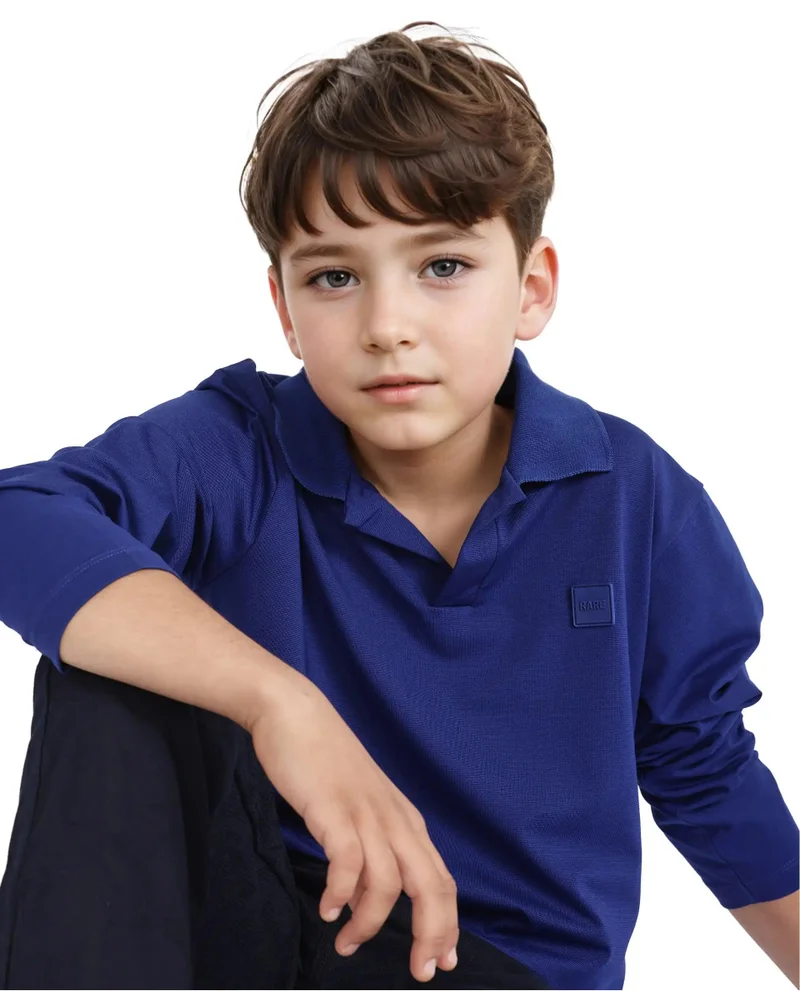 Rare Ones Rare Ones Kids Flit Blue Cotton Poly Full Sleeve Regular Collar Solid Polo