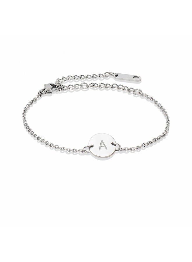 Glimmerst Stainless Steel Initial Bracelet Delicate Coin Letter A Bracelet Dainty Small Disc Name Bracelet Personalized Monogram Charm Bracelet for Women - Image 1