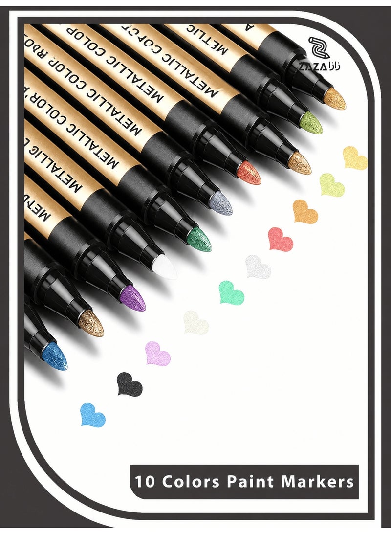 ZAZA Metallic Paint Markers, Acrylic Marker Pen for Black Paper Rock Glass Canvas, 10 Colors Acrylic Paint Marker Set for Scrapbooking DIY Crafts, School Stationery - Image 1