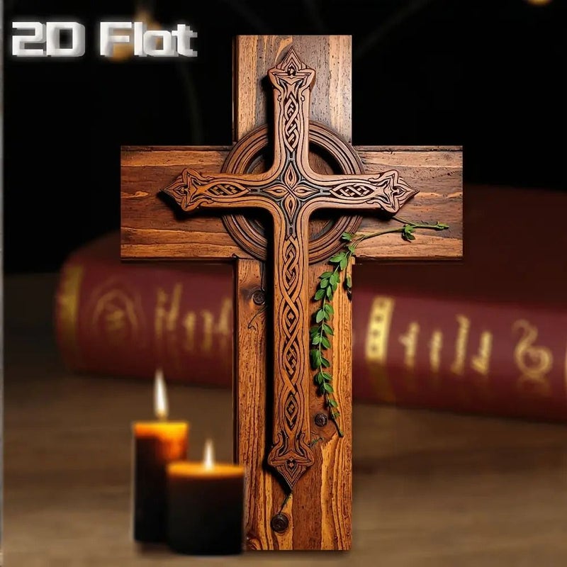 A Vintage Kells Knot Cross Wall Decoration In Rustic Faux Wood Design For Christian Religious Home Decor With Floral Patterns Durable 2D Graphics Suitable For Small Churches Living Rooms And Offices - Image 3