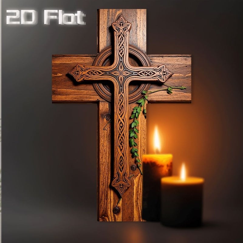 A Vintage Kells Knot Cross Wall Decoration In Rustic Faux Wood Design For Christian Religious Home Decor With Floral Patterns Durable 2D Graphics Suitable For Small Churches Living Rooms And Offices - Image 1