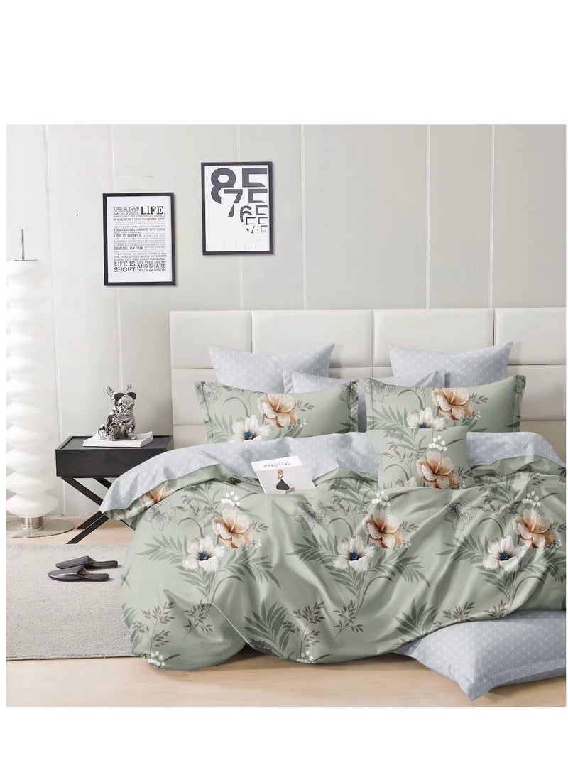 A M E 100% Cotton 6 Piece Duvet Cover Set- King Size, Includes Reversible Duvet Cover (220x240cm), Fitted Sheet (200x200cm+30 cm), 2 Pillow case & 2 Pillow Shams (48x75 +5cm), Floral Design, Mint Green - Image 1