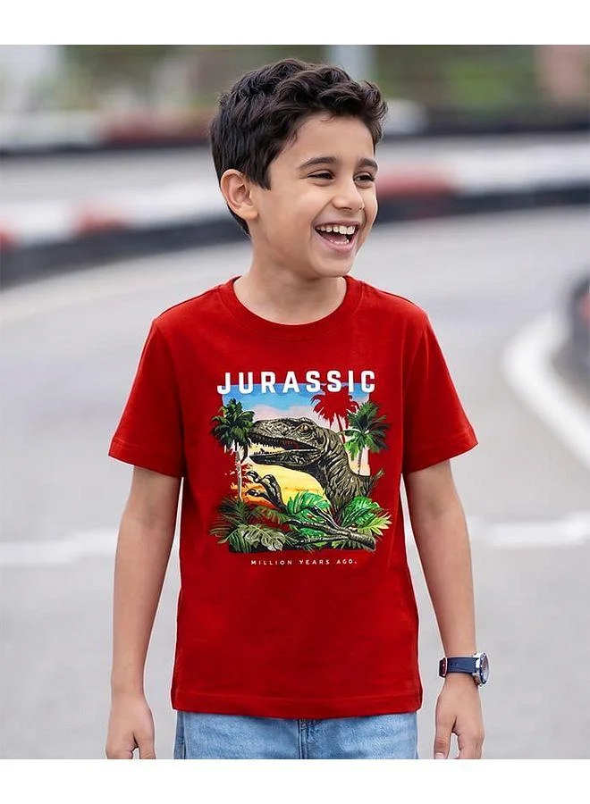Pine Kids Pine Kids Cotton Knit T-Shirt with Dino Print  - Red