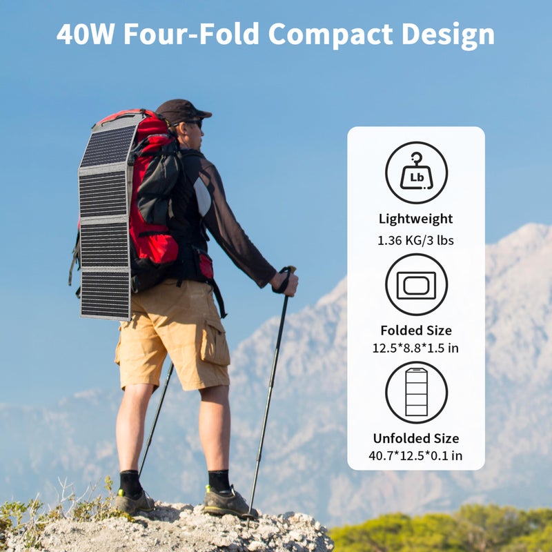 MHPOWOS [Upgraded] MHPOWOS 40W Portable Solar Panel Charger with Triple Output (USB-C/USB-A/DC), 23% High-Efficiency & IP65 Water Resistant, Ultra-Compact Design for Backpack Camping Hiking Phone Power Bank - Image 2
