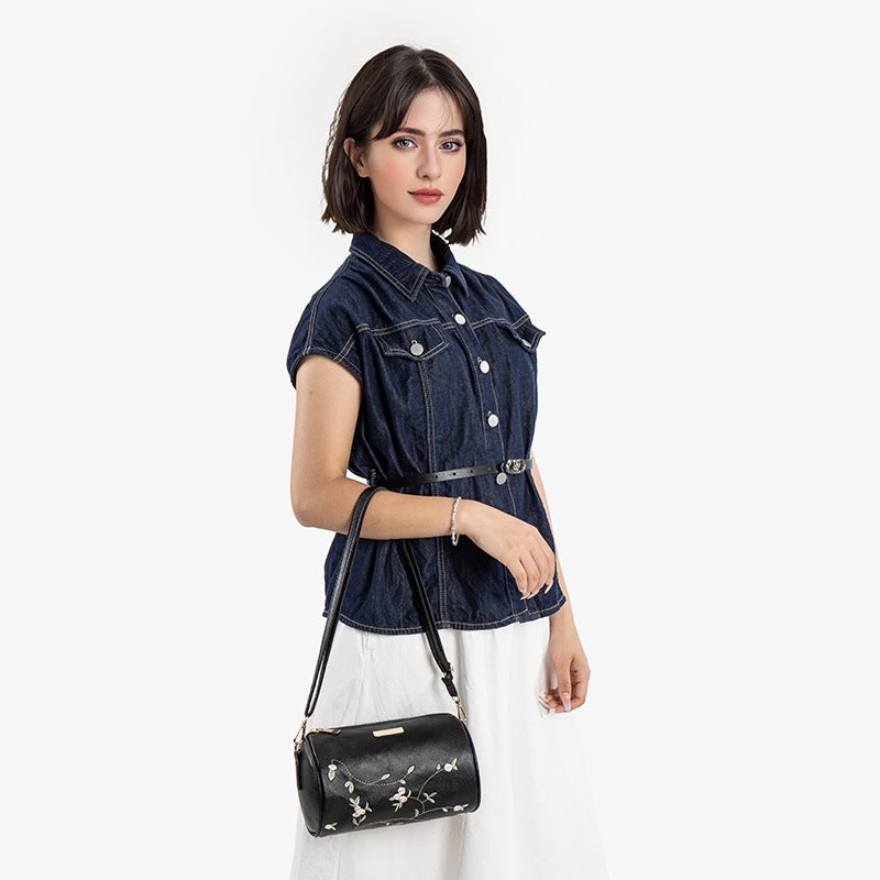 2025 Spring And Flower Embroidery Cylinder Bag Fashionable And Easiest For Match Small Women'S Mobile Phone Bag Crossbody Shoulder Bag - Image 5