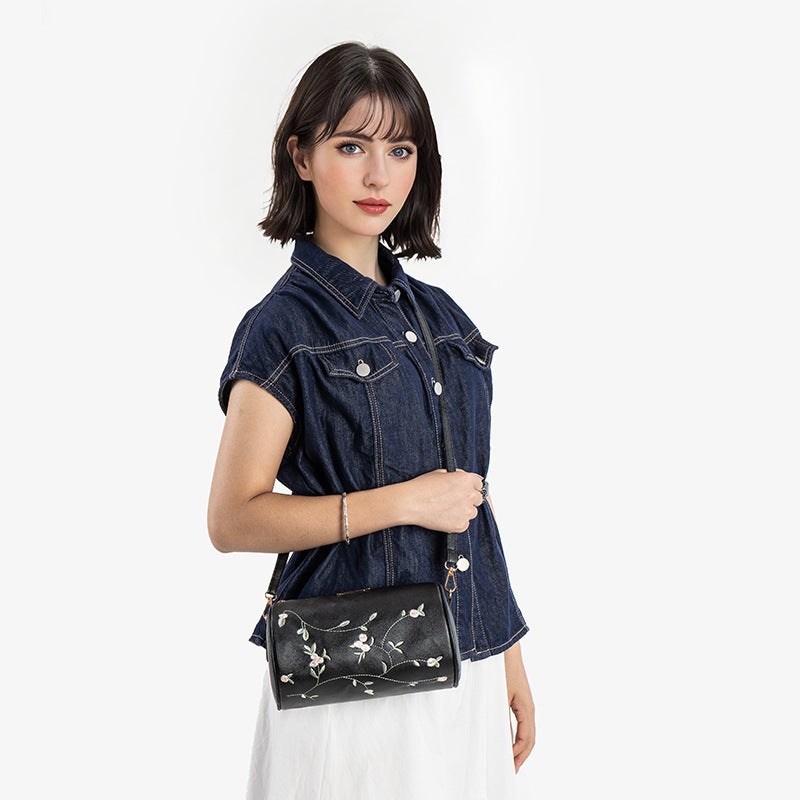 2025 Spring And Flower Embroidery Cylinder Bag Fashionable And Easiest For Match Small Women'S Mobile Phone Bag Crossbody Shoulder Bag - Image 3
