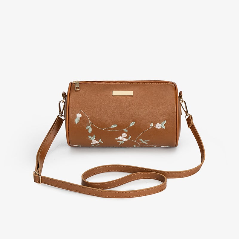 2025 Spring And Flower Embroidery Cylinder Bag Fashionable And Easiest For Match Small Women'S Mobile Phone Bag Crossbody Shoulder Bag - Image 1