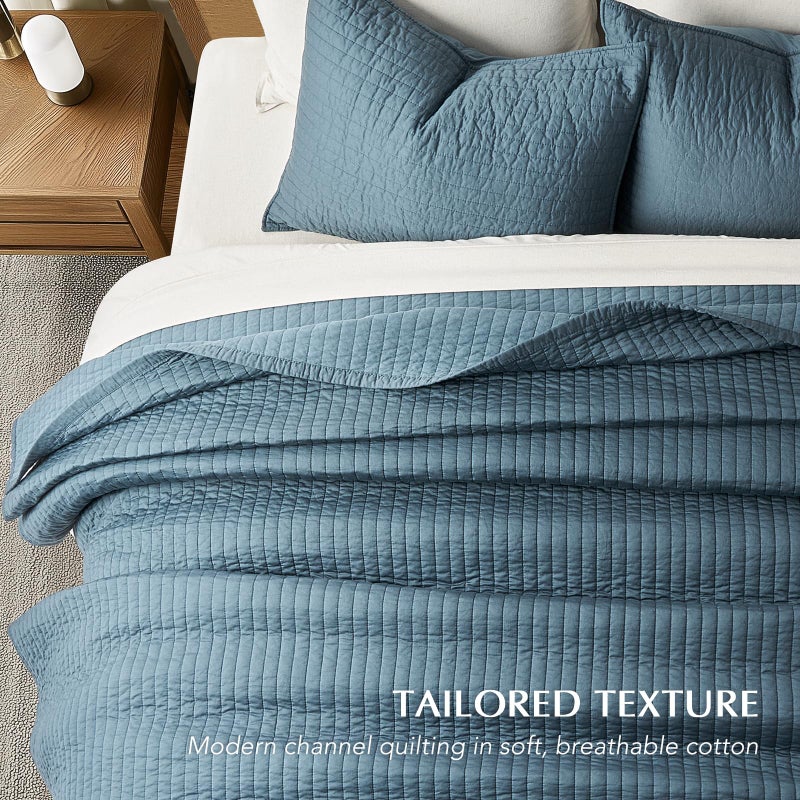 EVERGRACEHOME Cotton Sateen Quilt Set King Size, Pre-Washed Cotton Channel Stitch Coverlet Bedspread, 3 Pieces Lightweight Soft Bedding Sets for All Season, with 2 Pillow Shams, Sonoma Blue - Image 3