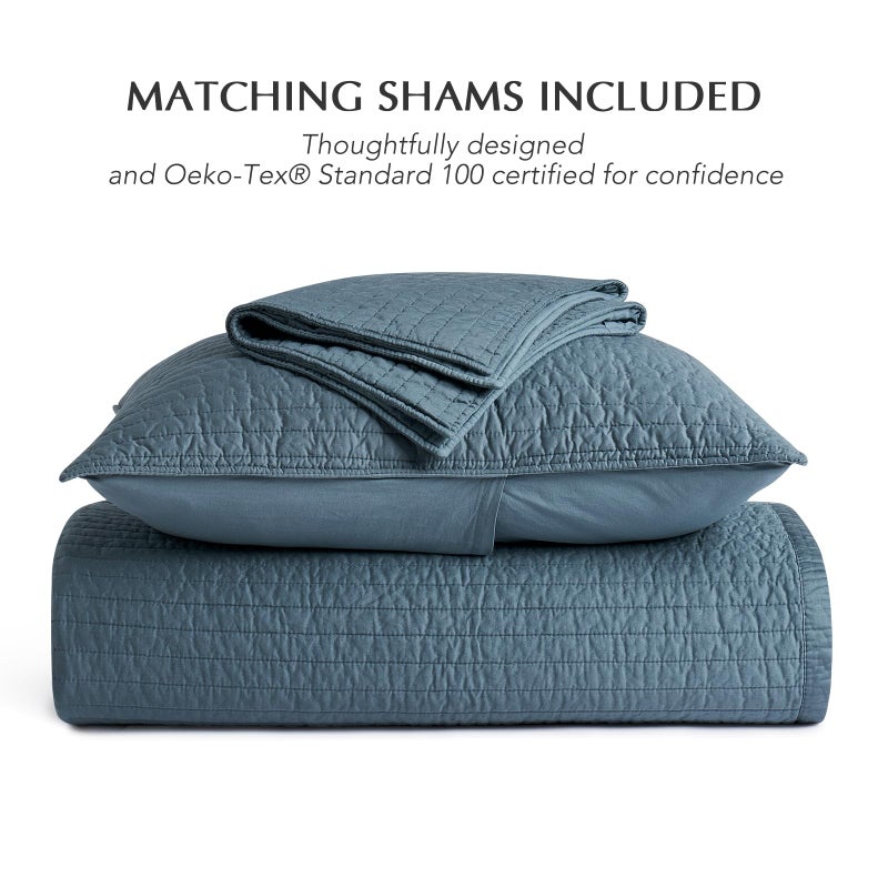 EVERGRACEHOME Cotton Sateen Quilt Set King Size, Pre-Washed Cotton Channel Stitch Coverlet Bedspread, 3 Pieces Lightweight Soft Bedding Sets for All Season, with 2 Pillow Shams, Sonoma Blue - Image 5