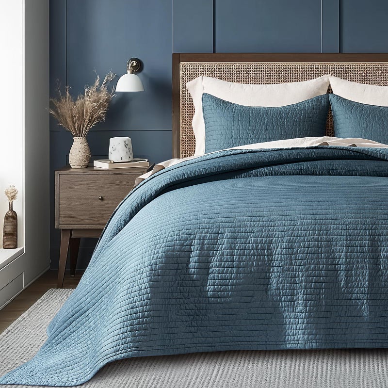 EVERGRACEHOME Cotton Sateen Quilt Set King Size, Pre-Washed Cotton Channel Stitch Coverlet Bedspread, 3 Pieces Lightweight Soft Bedding Sets for All Season, with 2 Pillow Shams, Sonoma Blue - Image 1