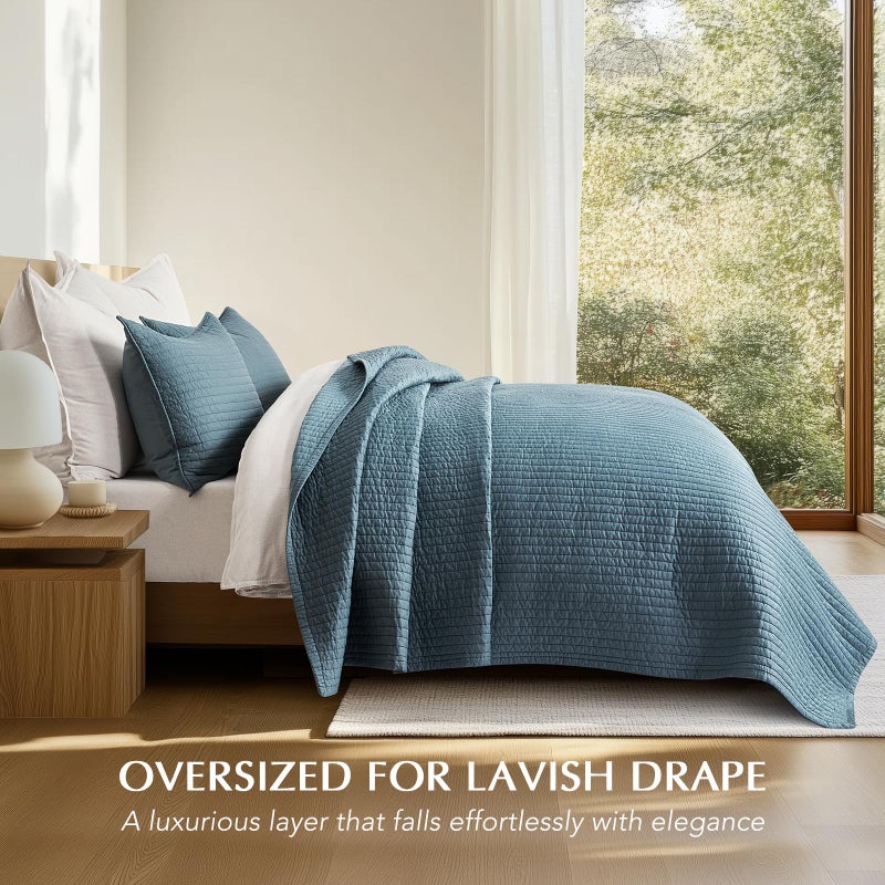 EVERGRACEHOME Cotton Sateen Quilt Set King Size, Pre-Washed Cotton Channel Stitch Coverlet Bedspread, 3 Pieces Lightweight Soft Bedding Sets for All Season, with 2 Pillow Shams, Sonoma Blue - Image 2