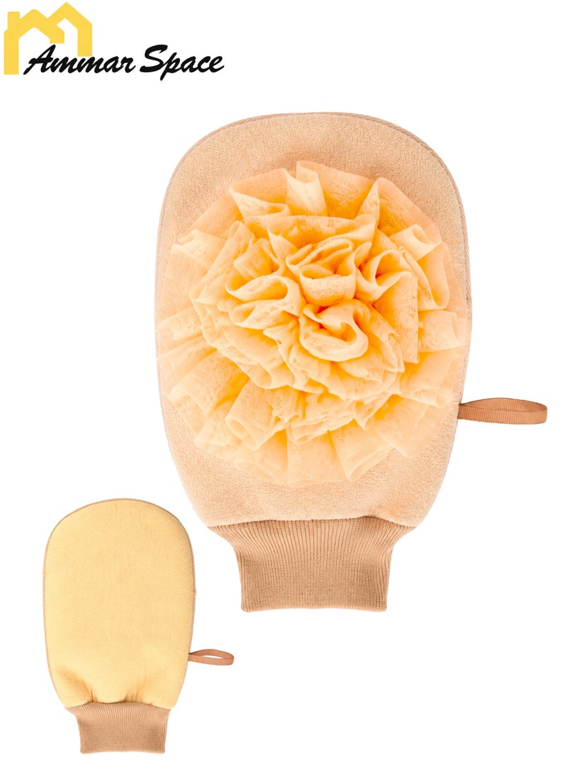 Ammar Space Exfoliating Bath Glove with Sponge, Double-Sided Body Scrubber for Shower, 22 × 14 cm-Off white - Image 1
