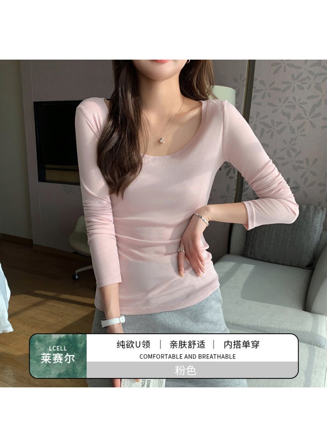 2051 Lyocell Solid Color U-neck Blouse For Women, Spring And Summer Slim Fit Base Shirt, Simple T-shirt Long-sleeve Top