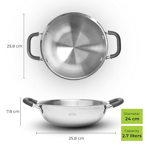 Allo Triply Stainless Steel Kadhai with Handles|Perfect Kadhai for Curry/Stir-Fry/Deep-Fry/DryVeg/Saute Induction Friendly Naturally Non-Stick | 10 Years Warranty, 24cm, 2.7 litres Without lid - Image 3