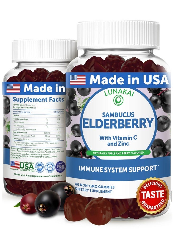 Lunakai USA Made Black Sambucus Elderberry Gummies for Adults & Kids with Vitamin C & Zinc - Immune Support, Antioxidants, Non-GMO, 60 Gummies - Image 1