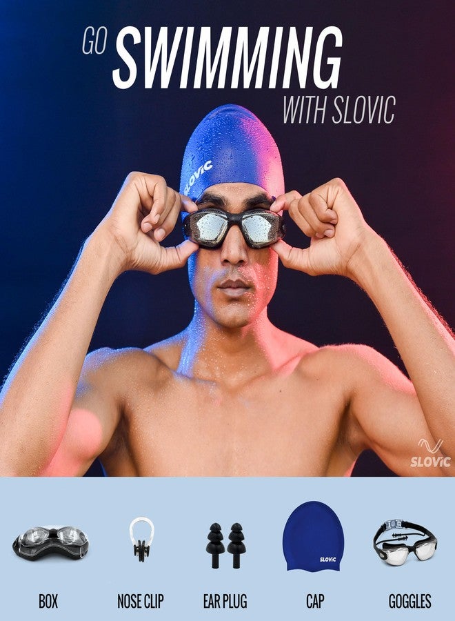 Slovic Swimming Goggles & Cap Combo | Anti-Fog Swimmings Goggles for Men | Swimming Cap for Men | UV Protected Swimming Goggle for Women with Adjustable Straps | Swim Accessories [Dark Blue] - Image 4
