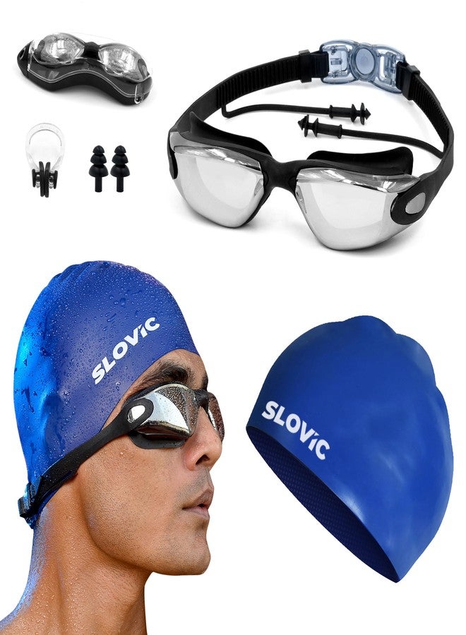 Slovic Swimming Goggles & Cap Combo | Anti-Fog Swimmings Goggles for Men | Swimming Cap for Men | UV Protected Swimming Goggle for Women with Adjustable Straps | Swim Accessories [Dark Blue] - Image 1