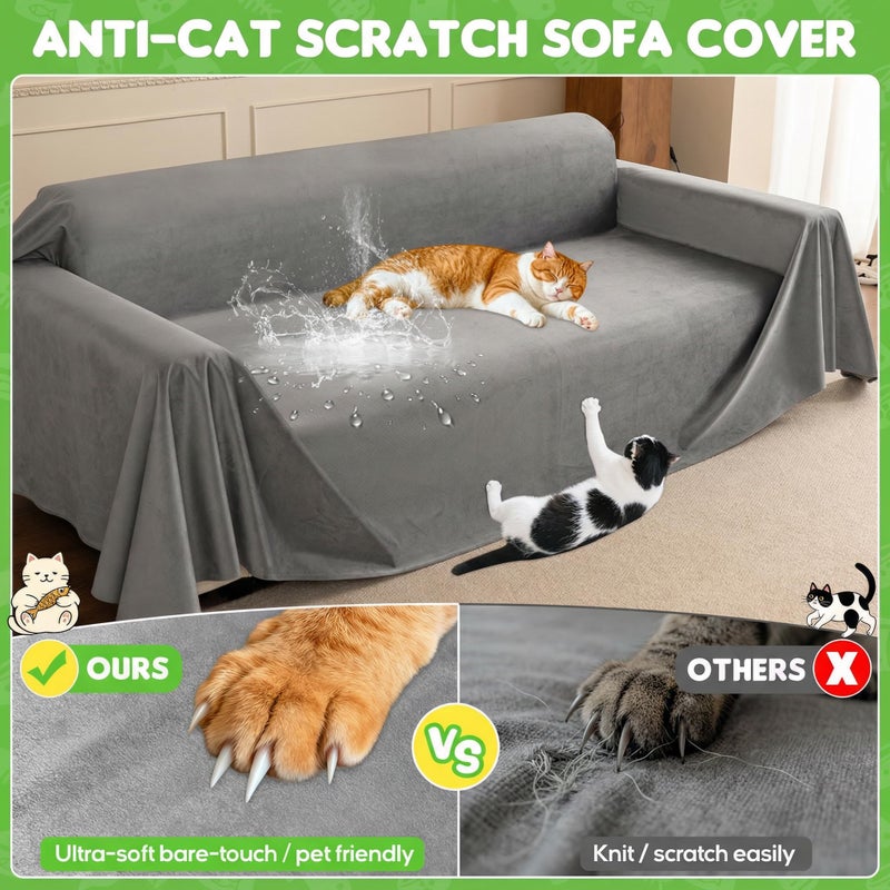 Loiion Velvet Sofa Cover, Ultra Soft Waterproof Non-Slip Couch Cover for Pets, Cat-Scratch Resistant Couch Cover, Pet & Kid Proof Scratch & Hair Resistant Washable Furniture Protector 118"X71" Grey - Image 2