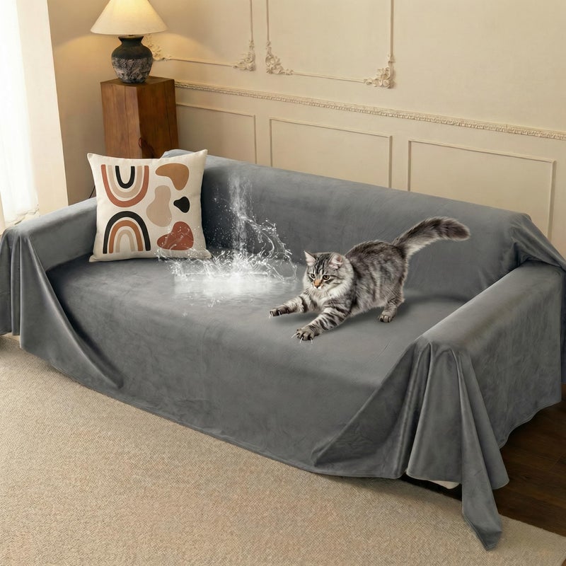 Loiion Velvet Sofa Cover, Ultra Soft Waterproof Non-Slip Couch Cover for Pets, Cat-Scratch Resistant Couch Cover, Pet & Kid Proof Scratch & Hair Resistant Washable Furniture Protector 118"X71" Grey - Image 1