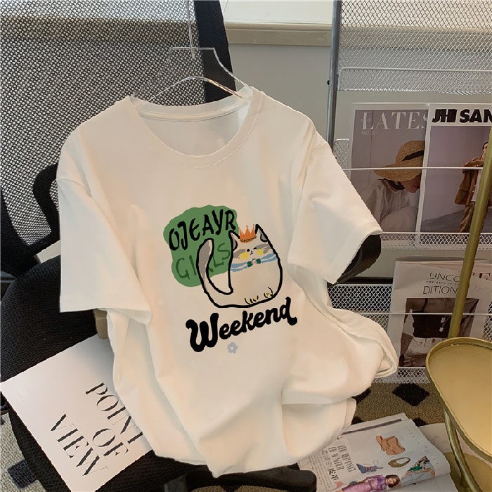 Short-Sleeved T-Shirt Women'S Cotton Loose Korean-Style Ins Women'S All-Match Cartoon Printed Inner Half-Sleeve Top - Image 1