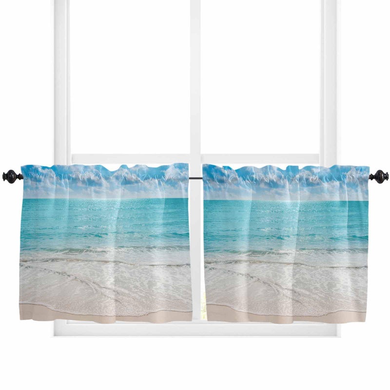 Ocean Beach Theme Kitchen Curtains for Bedrooml Living Room 36 Inch Length Blue White Small Short Cafe Tiers Curtains Drape 2 Panel Window Treatment Rod Pocket Drapery Panels Curtains 55x36