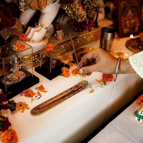 giBOX Brass Incense Sticks Holder and Ash Catcher | Agarbatti Stand for Home, Meditation, Temple Incense Holder Leaf for Office Ash Collector - Image 3