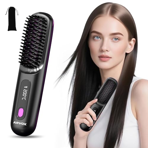 Arvox Cordless Hair Straightening Brush | Naturally Straight, Shiny & Frizz-Free Look | Precise Heat Settings, Ceramic Bristles, Portable & Type C Rechargeable Straightener Comb (Black) - Image 1