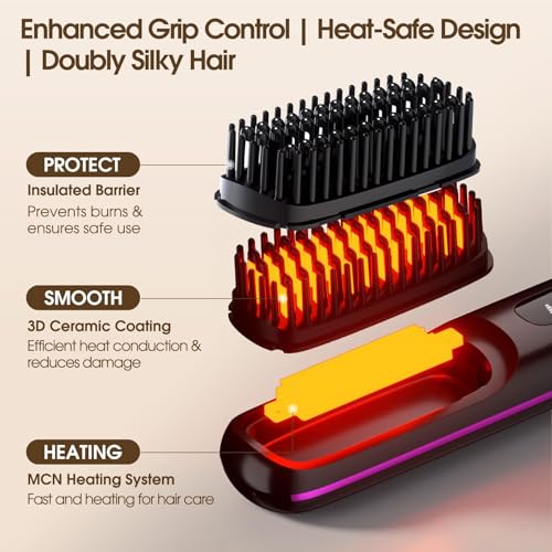 Arvox Cordless Hair Straightening Brush | Naturally Straight, Shiny & Frizz-Free Look | Precise Heat Settings, Ceramic Bristles, Portable & Type C Rechargeable Straightener Comb (Black) - Image 4