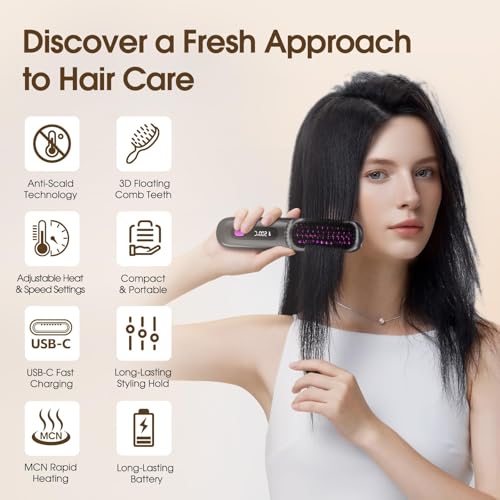 Arvox Cordless Hair Straightening Brush | Naturally Straight, Shiny & Frizz-Free Look | Precise Heat Settings, Ceramic Bristles, Portable & Type C Rechargeable Straightener Comb (Black) - Image 3