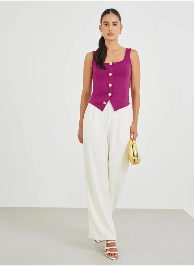 ستايلي Styli Buttoned Square Neck Sleeveless Top