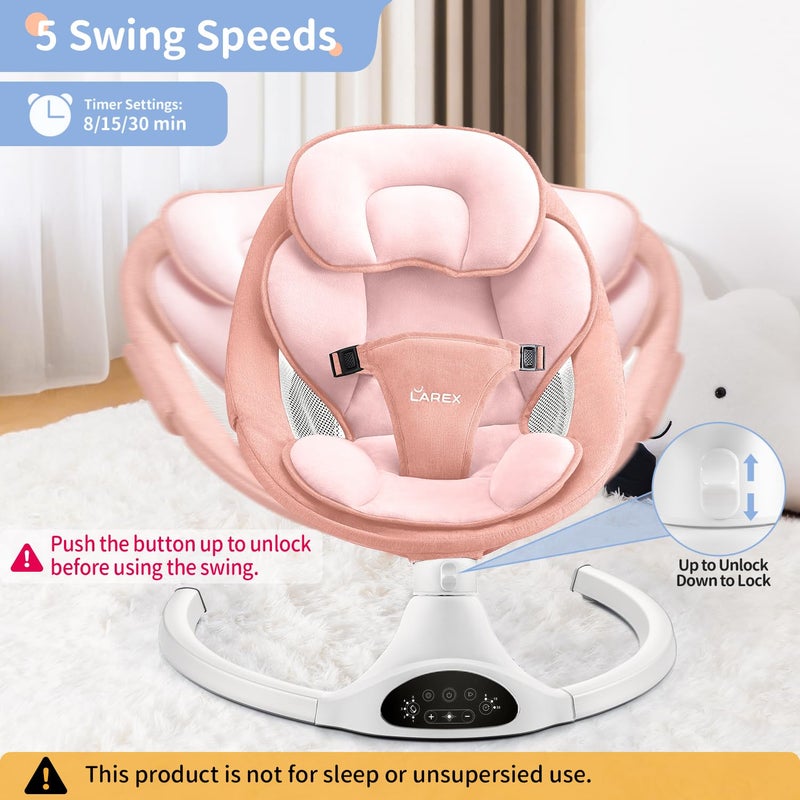 LAREX Baby Swing Infant Swing Electric Toddler Baby Rocker Portable for Newborn Boy Girl, 5 Sway Speeds with Remote Control, 10 Preset Melodies and Bluetooth, 0-6 Months Max 20 Lbs (Pink) - Image 2