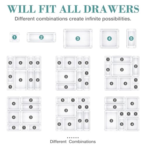 StorMiracle 16 PCS Drawer Organizer Set, 5 Varied Size Bathroom and kitchen Drawer cabinet organizer Trays, Clear Storage Bins for Makeup, Jewelry, Utensils and Gadgets - Image 4