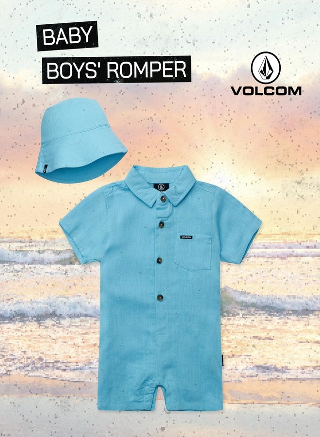 Volcom Baby Boys' Romper - Button Down Collared Infant Playsuit With Matching Bucket Hat for Boys (Infant Sizes: 0-24 Months), Size 0-3 Months, Mineral Blue - Image 2