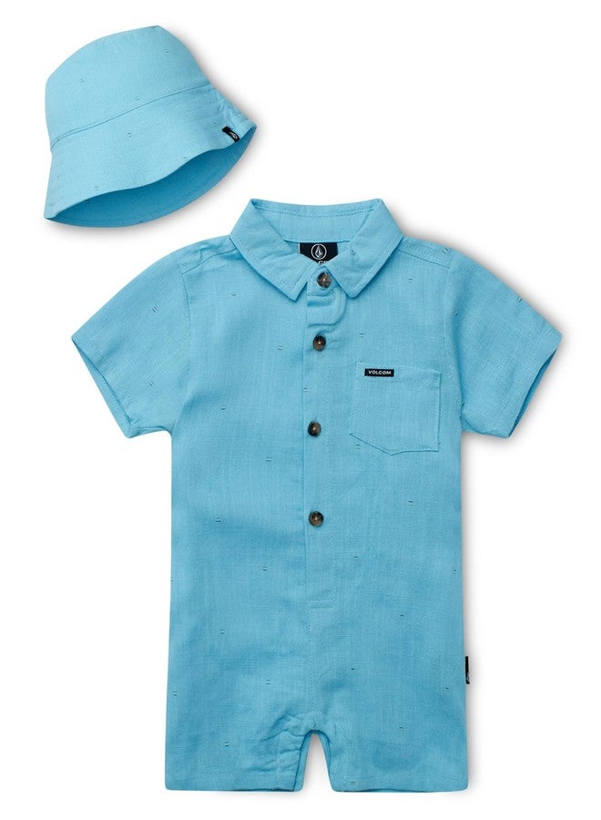 Volcom Baby Boys' Romper - Button Down Collared Infant Playsuit With Matching Bucket Hat for Boys (Infant Sizes: 0-24 Months), Size 0-3 Months, Mineral Blue - Image 1