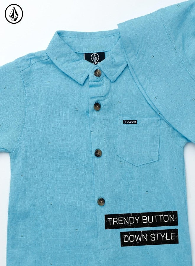 Volcom Baby Boys' Romper - Button Down Collared Infant Playsuit With Matching Bucket Hat for Boys (Infant Sizes: 0-24 Months), Size 0-3 Months, Mineral Blue - Image 3