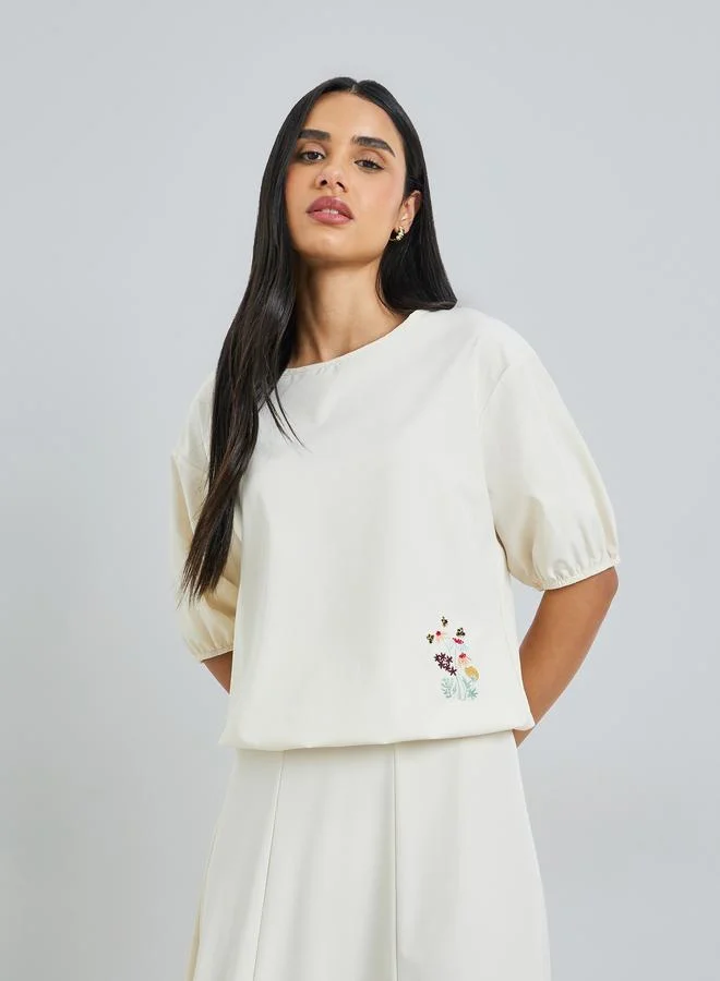 Styli Cream Floral Embroidered Top and Maxi Skirt Set Co-ords