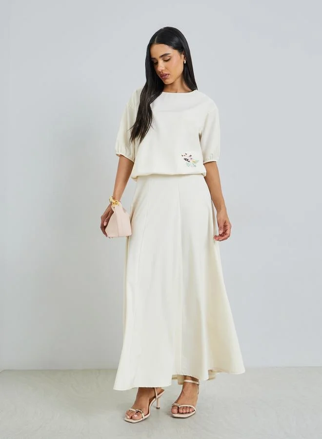 Styli Cream Floral Embroidered Top and Maxi Skirt Set Co-ords