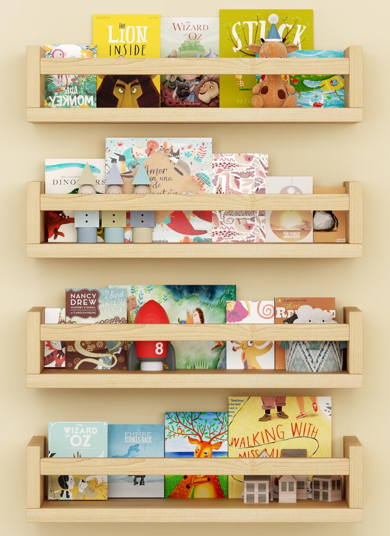 Onlysky Set of 4 WallMounted Kids Bookshelf  Wood Floating Nursery Book Shelves  Durable Wood Construction  Ideal for Nursery Decor Kids Room Toy Storage