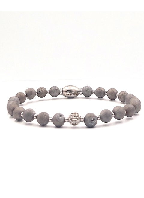Handmade leather Beaded bracelet for men with silver druzy agate and hematite.