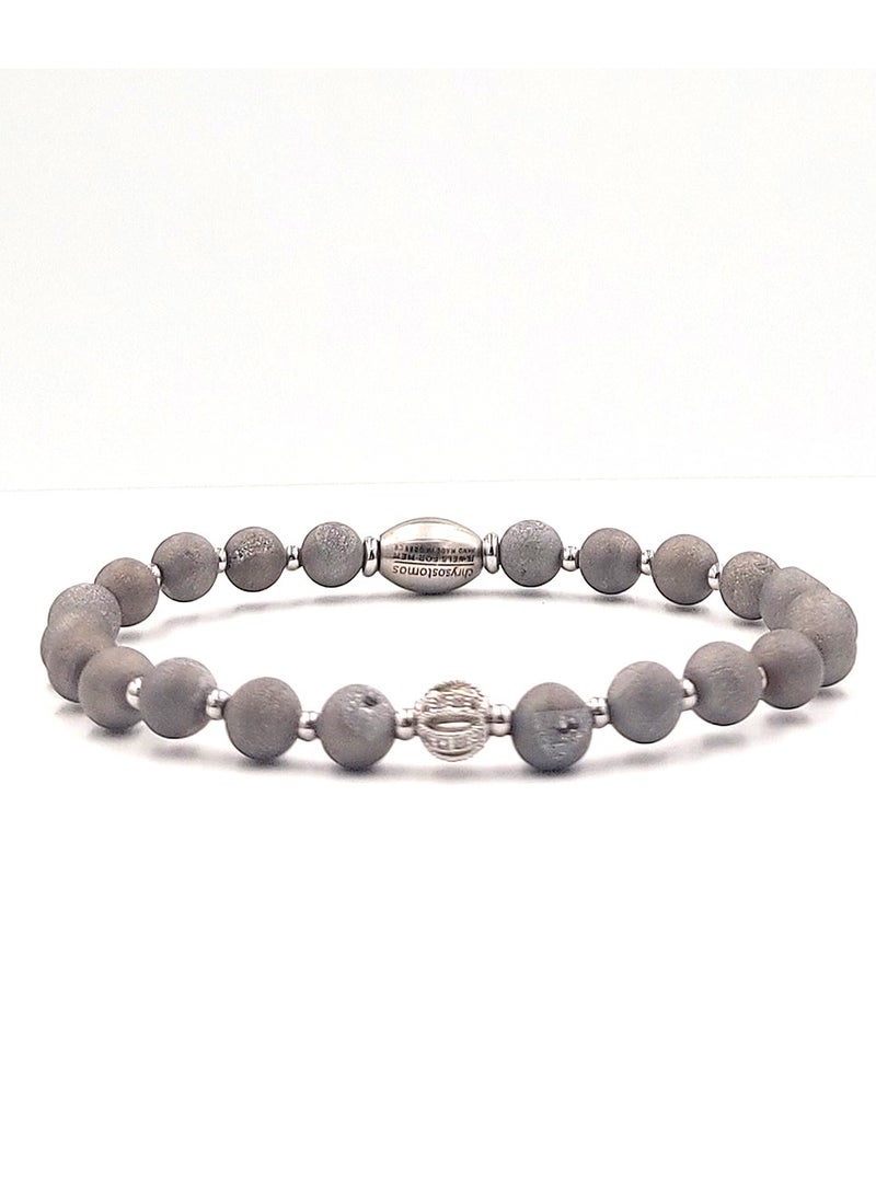 CHRYSOSTOMOS - Handmade leather Beaded bracelet for men with silver druzy agate and hematite. - Image 1
