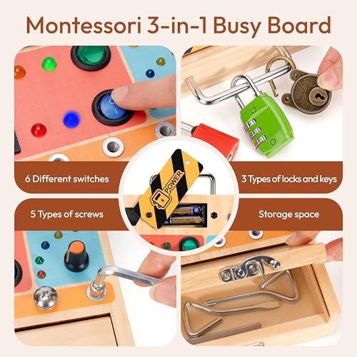 Woodtoe Montessori Toys for Toddler 3 4 5 Year Old 3in1 Busy Board with LED Light Switch Screwdriver Board Set Lock and Key Toy Educational Sensory Toys Fine Motor Skill Christmas Toys for Kids - Image 5