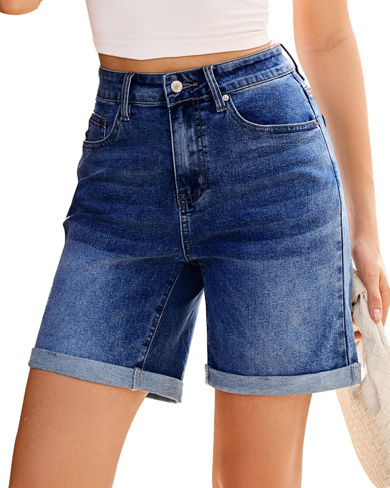 Vetinee Stretchy Jean Shorts for Women Woman Shorts Womens Jorts High Waisted Summer Long Stretchy Mom High Rise Denim Loose Cute Ladies Casual Mid Thigh Trendy Jorts Women Dark Blue X-Large - Image 1