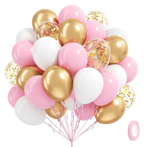 awenztech 60pcs Pink and Gold Balloons 12inch Pink and White Balloon with Metallic Gold Confetti Balloons for Baby Shower Wedding Birthday Party Decorations - Image 1