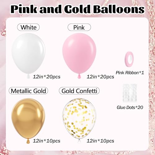 awenztech 60pcs Pink and Gold Balloons 12inch Pink and White Balloon with Metallic Gold Confetti Balloons for Baby Shower Wedding Birthday Party Decorations - Image 5
