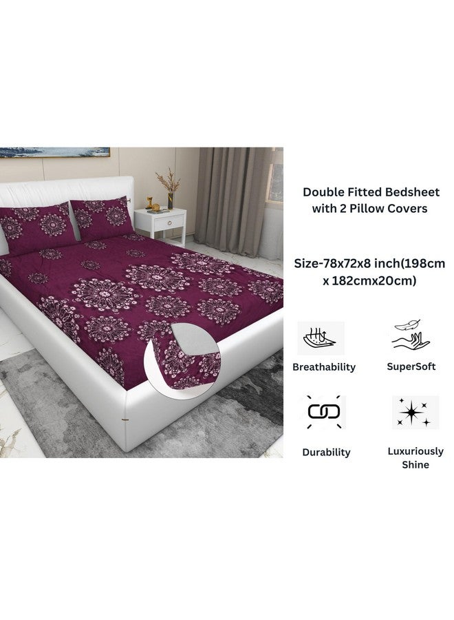 RD TREND Presents Luxurious Glace Cotton Super Soft 210 TC 360° Elastic Fitted Bedsheet King Size (78X72X8 Inch) with 2 Pillow Covers, Color- Wine, Pattern-Flower - Image 2